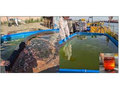 Before and after Images of water cleaned by OleoSorb Boom